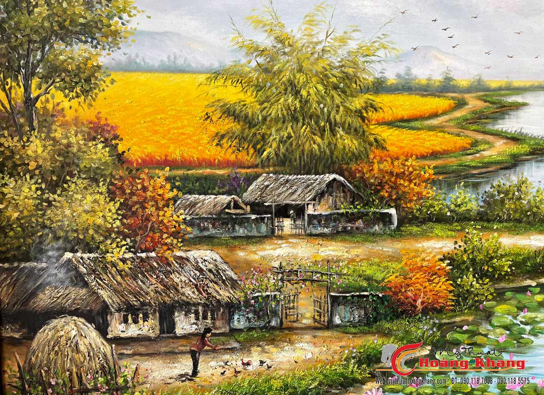 Tranh đồng quê vẽ phong cảnh đồng quê Việt Nam, một trong những bức tranh vẽ  phong cảnh làng quê đẹp nhất.